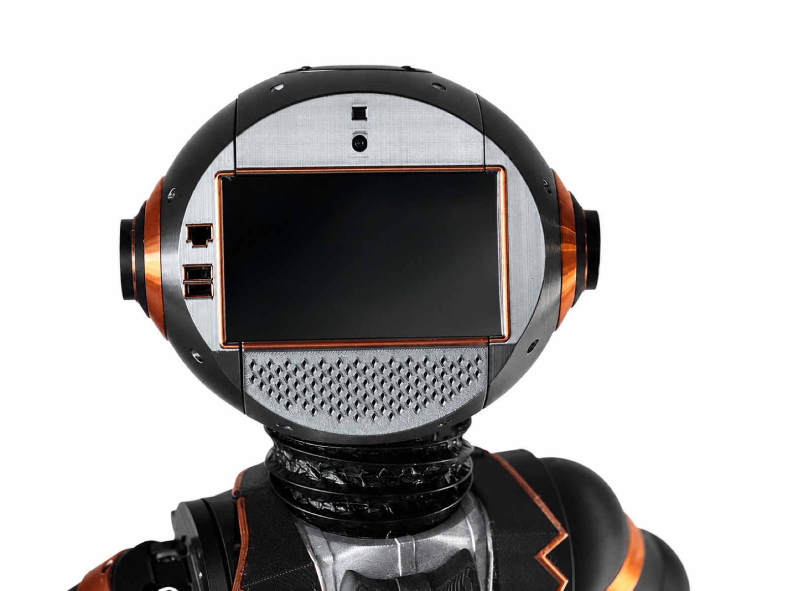 Alfred robot — front portrait with expressive screen face, bow tie, and copper accents
